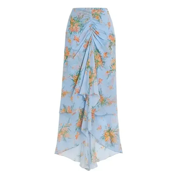 Veronica Beard Sira Floral Ruffle Silk Chiffon Skirt Blue Oasis Multi Size 8 - Picture 3 of 7